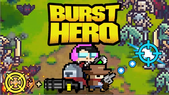 Burst Hero key art: a pink-haired gunner with a minigun and a cowboy, surrounded by pixel-art monsters