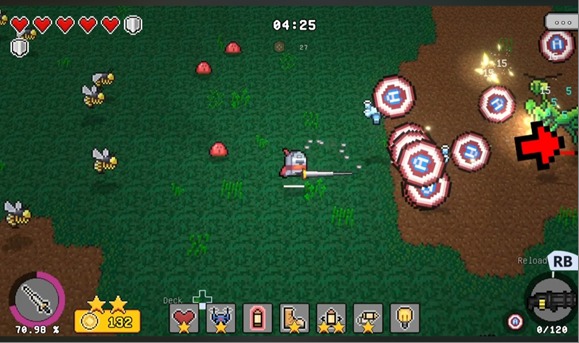 Gameplay: a knight surrounded by spinning shields fights bees and blobs in a grassy field