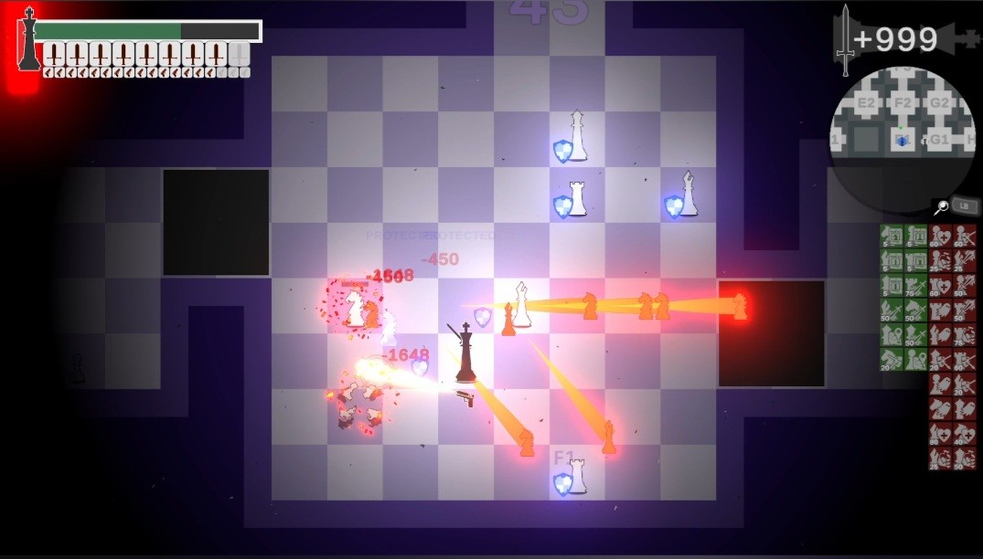 Gameplay: the black king fights white pieces on a chessboard room, with damage numbers, Protected shields and a +999 bonus damage counter