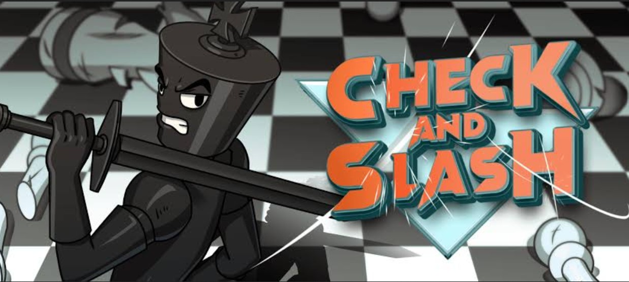 Check and Slash key art: an angry black king chess piece shoulders a huge sword on a chessboard