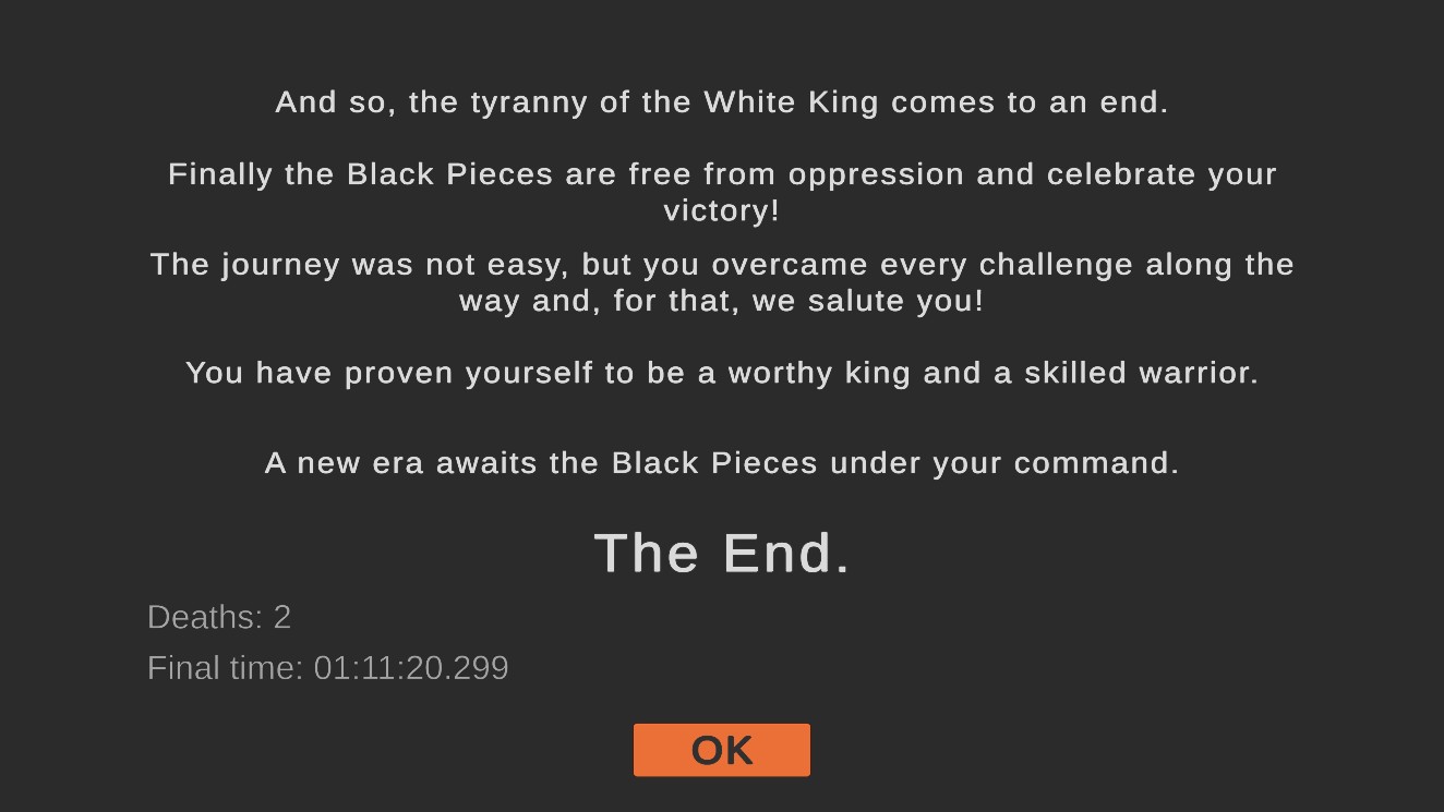 Ending screen: the tyranny of the White King comes to an end. The End. Deaths: 2. Final time: 01:11:20