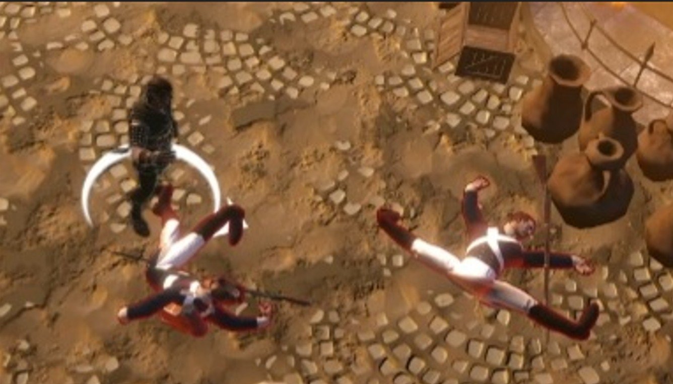 Two defeated soldiers sprawled mid-flip on a cobblestone square while the hero stands nearby