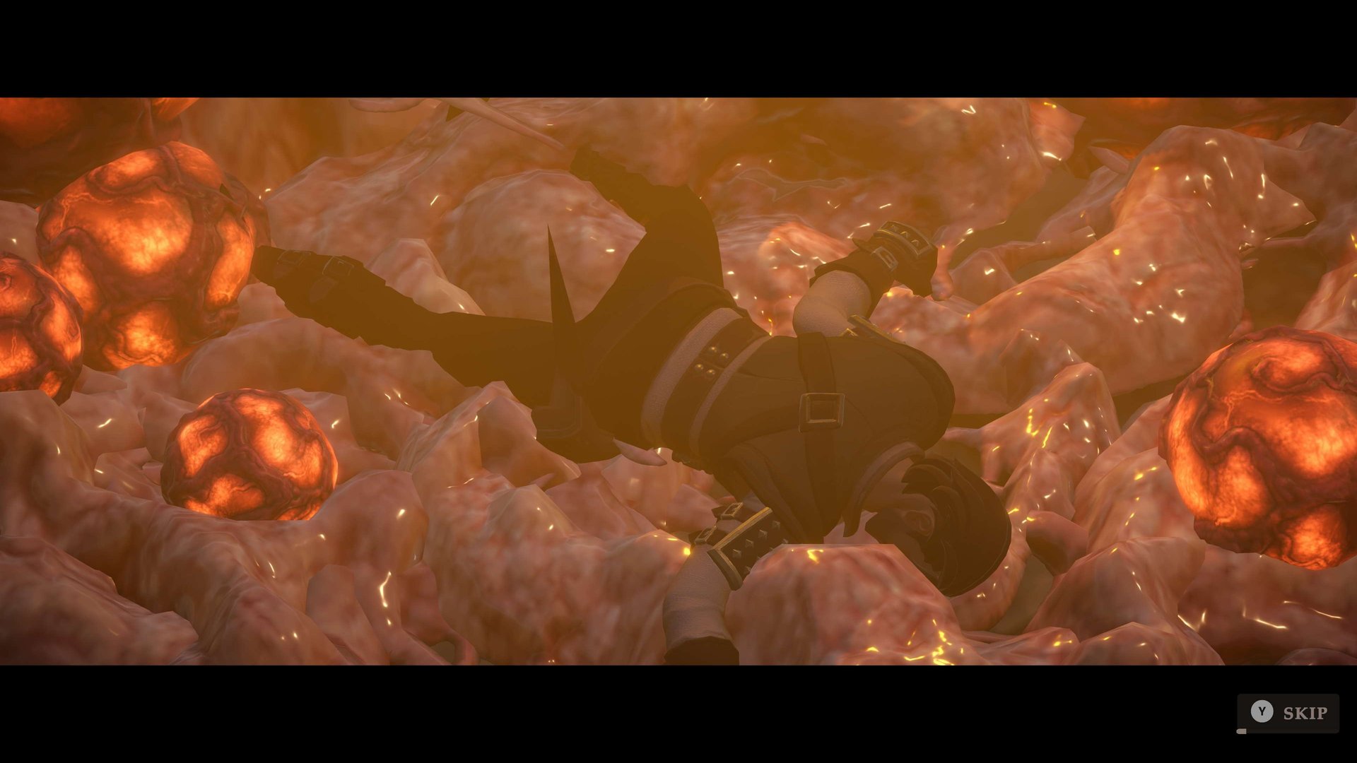 Cutscene: the hero lies face-down in a glowing, fleshy mass