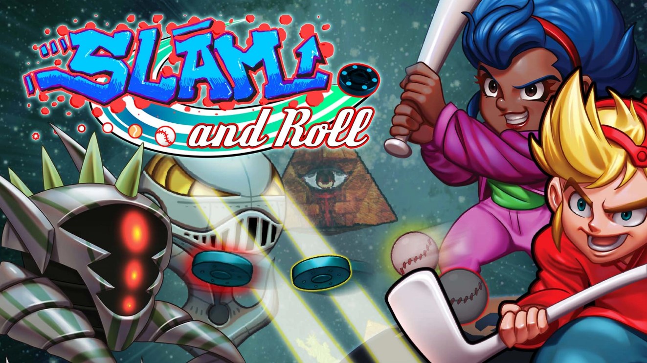 Slam and Roll key art: two kids with a baseball bat and a hockey stick face a spiked robot