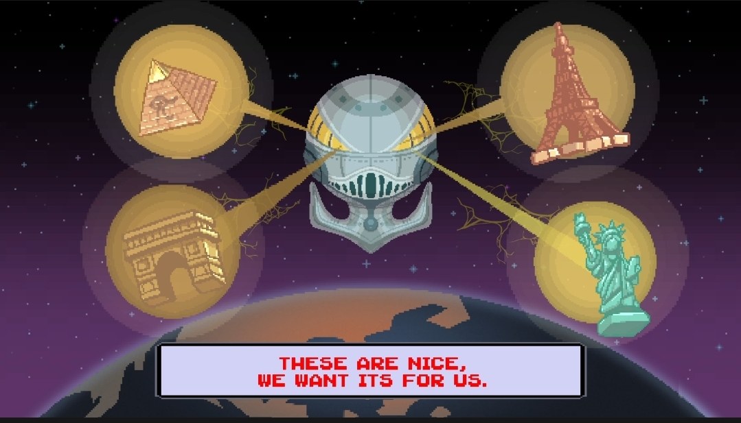 Cutscene: an alien eyes the pyramids, the Eiffel Tower, the Arc de Triomphe and the Statue of Liberty: These are nice, we want its for us.