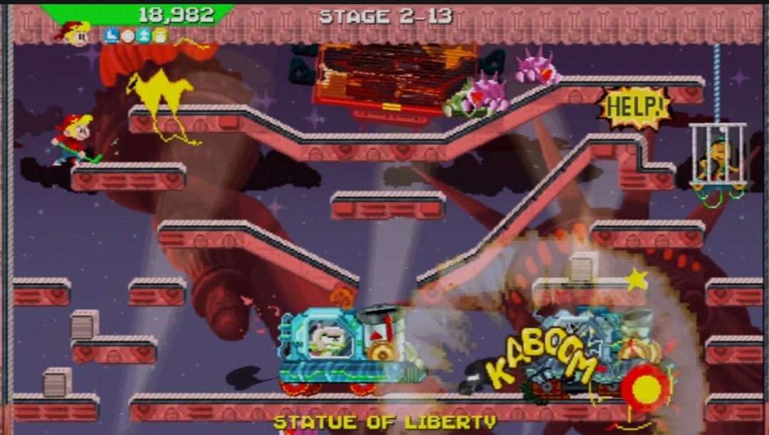 Stage 2-13, Statue of Liberty: spiked enemies swarm a platform level as a KABOOM explodes